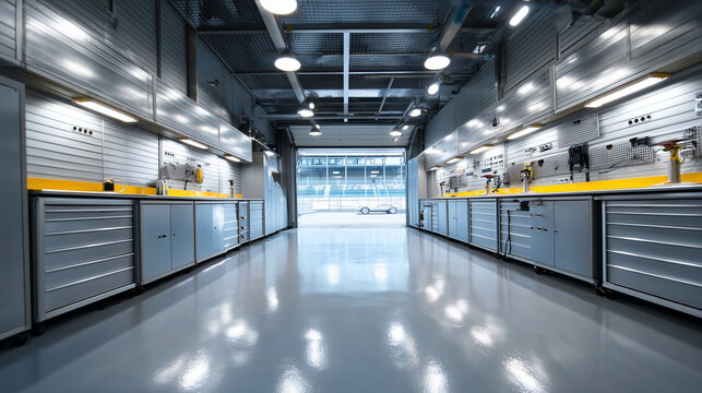 race garage with bright lighting and organized equipment clean professional scene