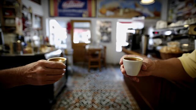 Spring Summer outdoor leisure relaxation activity. A candid shot of two hands holding cups of coffee in a coffee shop. The focus is on the hands, with one hand on the left and the other on the right.