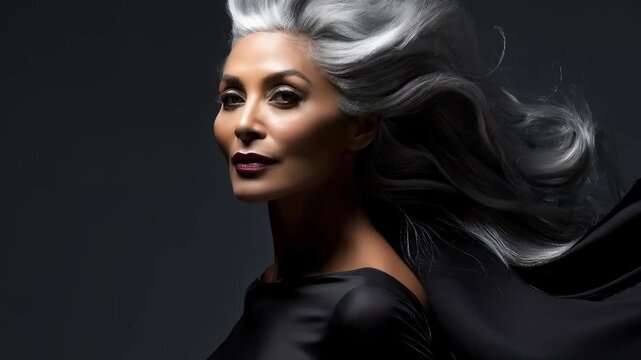 Mature woman with flowing silver hair in black dress. Elegant model posing for fashion advertising. Sophisticated portrait with windy cinematic style movement.