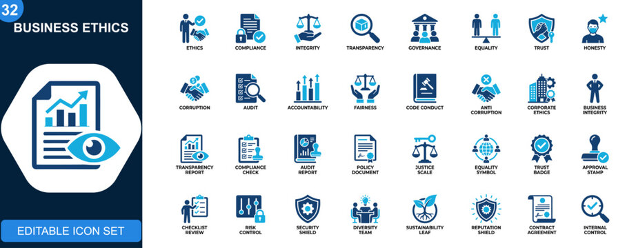 Business ethics icon set, compliance, integrity, transparency, governance, equality, trust, anti corruption, code of conduct. Editable icons collection. Vector.