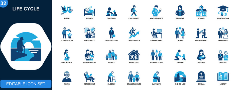 Life cycle icon set, human lifespan stages, baby, childhood, teenager, student, graduation, career, relationship, marriage, family, aging, death. Solid icons collection. Vector.