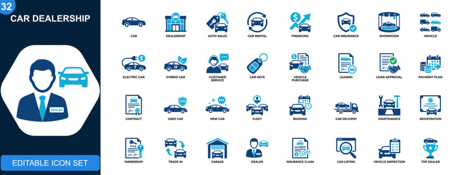 Car dealership icon set, auto sales, car rental, financing, insurance, showroom, electric vehicles, customer service. Solid icons collection. Vector.