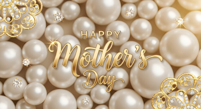 Close up of golden pearls arranged in a circular pattern with text happy mothers day jewelry