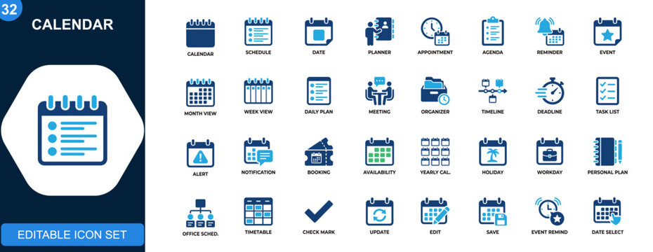 Calendar icon set, date schedule, planner, appointment, agenda, reminder, event management. Solid icons collection. Vector.