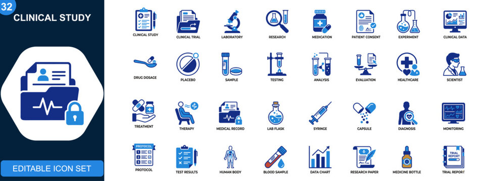 Clinical study icon set, clinical trial, laboratory research, medication, patient consent, experimental testing, clinical data, dosage evaluation. Solid icons collection. Vector.
