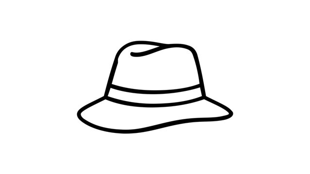 Minimalist black and white line icon of a classic fedora hat, vector illustration of a stylish trilby headwear accessory for fashion design, flat scalable graphic for web and print applications.