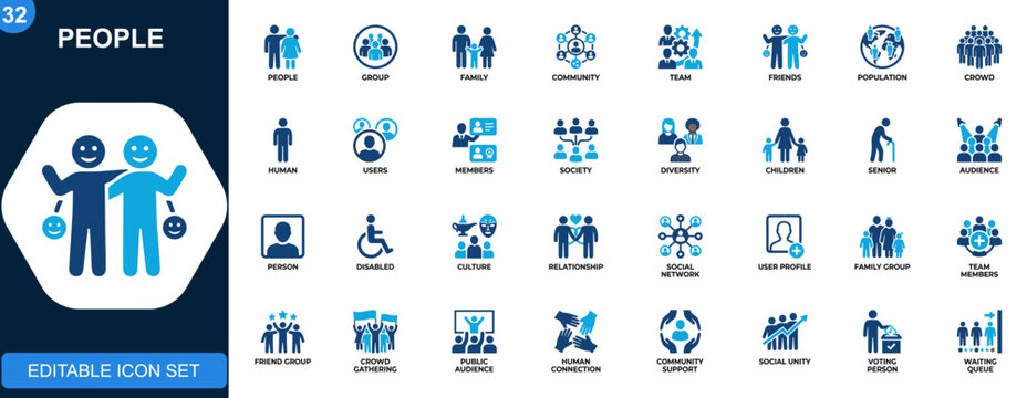 People icon set, group, family, community, team, friends, population, diversity, senior, children. Solid icons collection. Vector.