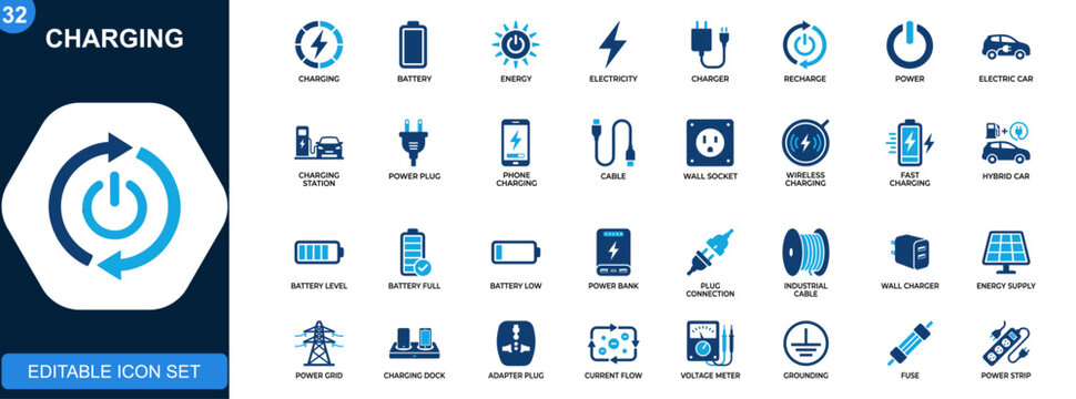 Charging icon set, battery, energy, electricity, charger, recharge, electric vehicle, power plug, charging station. Solid icons collection. Vector.
