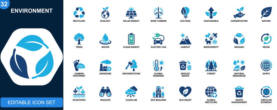 Environment icon set, eco, recycling, sustainability, green energy, nature, earth, renewable resources, conservation, climate, ecology. Editable icons collection. Vector.