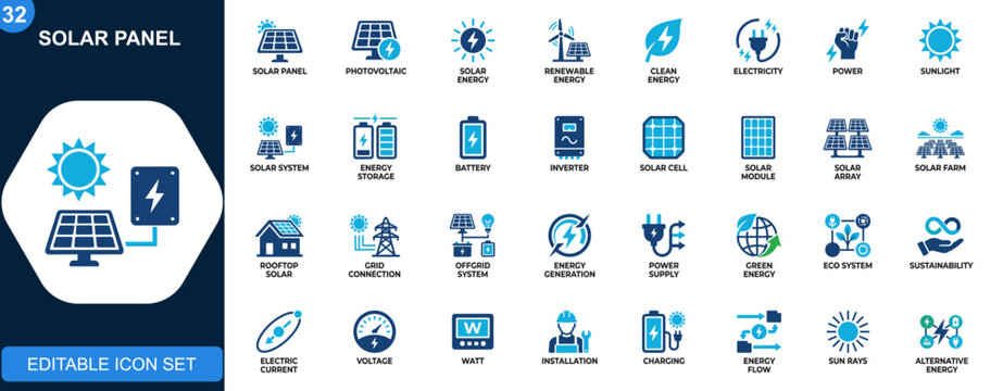 Solar panel icon set, photovoltaic systems, renewable energy, clean electricity, solar power generation, eco sustainability. Solid icons collection. Vector.