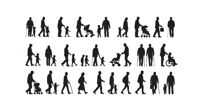 Crowd of people silhouettes walking set including elderly individuals families with strollers and children on sidewalk.