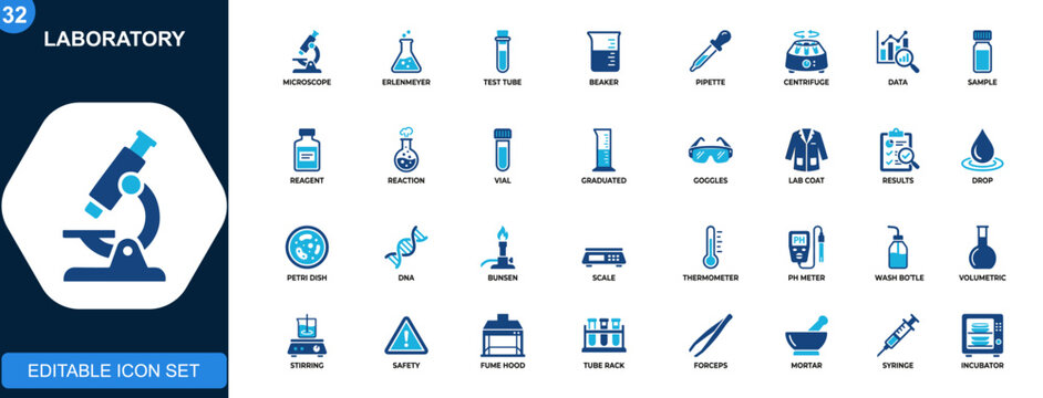 Laboratory icon set, experiment, test tube, microscope, flask, chemistry, biology, research tools. Solid icons collection. Vector.