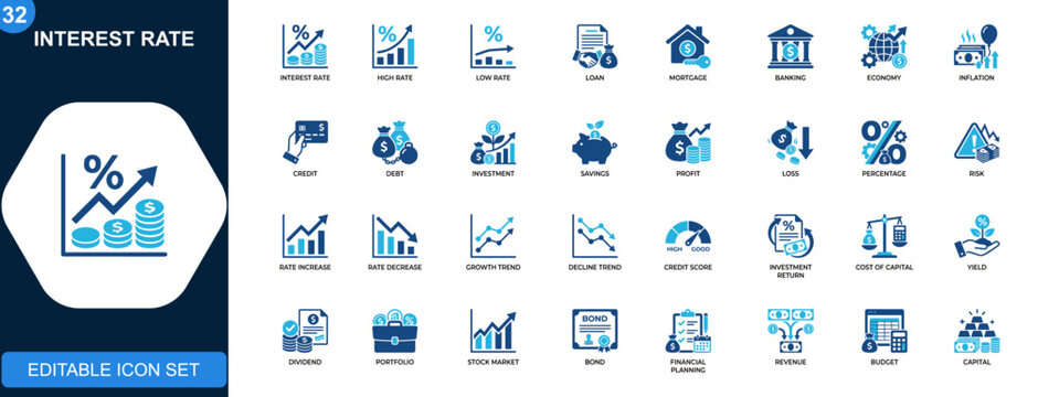 Interest rate icon set, high and low rates, percentage growth and decline, mortgage, loan, banking, inflation, credit and debt. Solid icons collection. Vector.