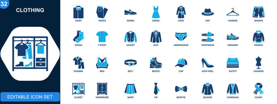 Clothing icon set, apparel wardrobe, shirt, pants, shoes, dress, coat, hat, hanger, underwear, footwear. Solid icons collection. Vector.