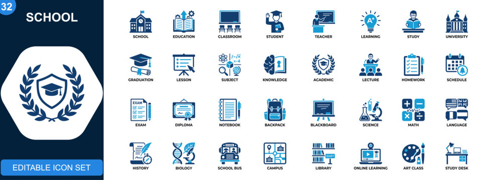 School icon set, education, classroom, student, teacher, learning, subjects, graduation, university, study tools. Solid icons collection. Vector.