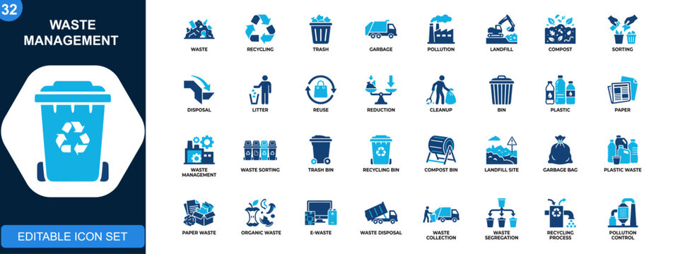 Waste management icon set, recycling, trash, pollution, landfill, composting, sorting, disposal, environmental cleanup. Solid icons collection. Vector.