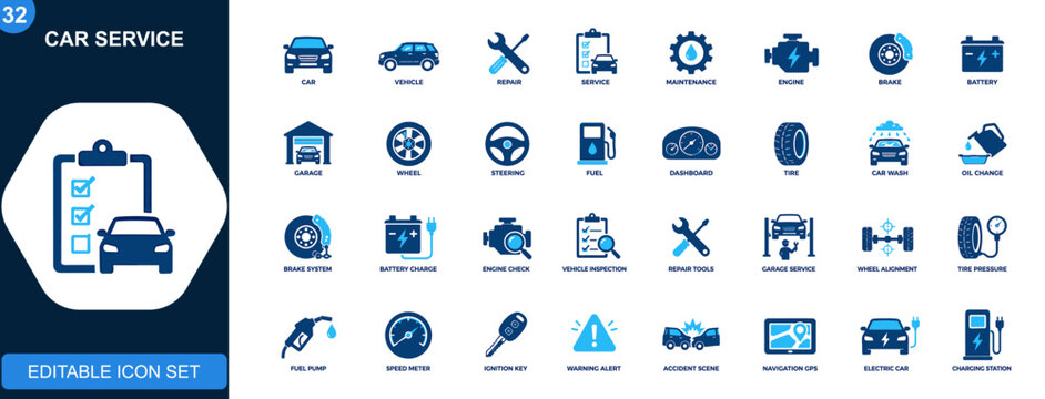 Car service and repair icon set. Vehicle maintenance, engine, oil, brake, battery, garage, car wash, driving controls. Solid icons collection. Vector.