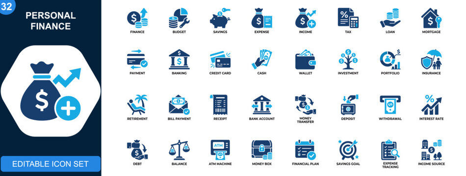 Personal finance icon set, budget, savings, expense, income, tax, loan, mortgage, payments, banking tools. Solid icons collection. Vector.