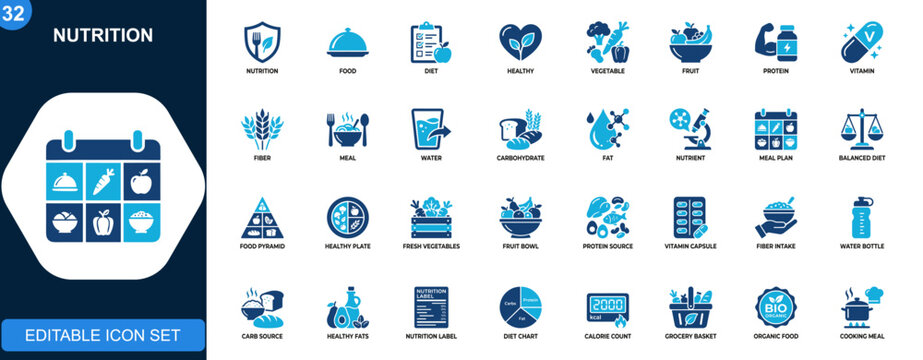 Nutrition icon set, healthy food, vegetables, fruits, protein, vitamins, fiber, meal planning, hydration, balanced diet. Solid icons collection. Vector.