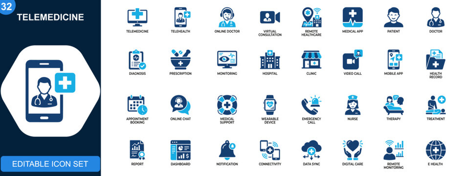 Telemedicine icon set, telehealth, virtual consultation, online doctor, remote healthcare, medical app, smart hospital. Solid icons collection. Vector.