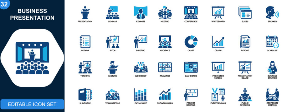 Business presentation icon set, seminar, sales pitch, keynote, meeting, whiteboard, conference, agenda, slides, speaker, analytics. Solid icons collection. Vector.