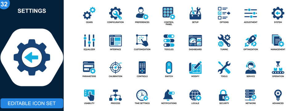 Settings icon set, configuration, preferences, control panel, adjustments, optimization, system setup, gear interface, equalizer controls. Solid icons collection. Vector.