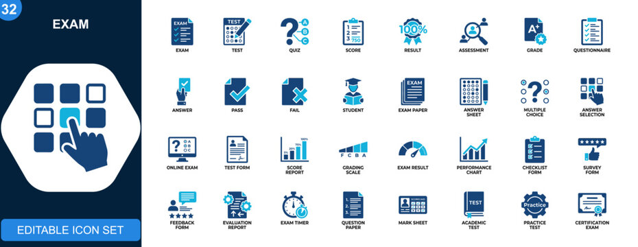 Exam icon set, test, quiz, score, questionnaire, results, grading, assessment, online exam, answer selection. Solid icons collection. Vector.