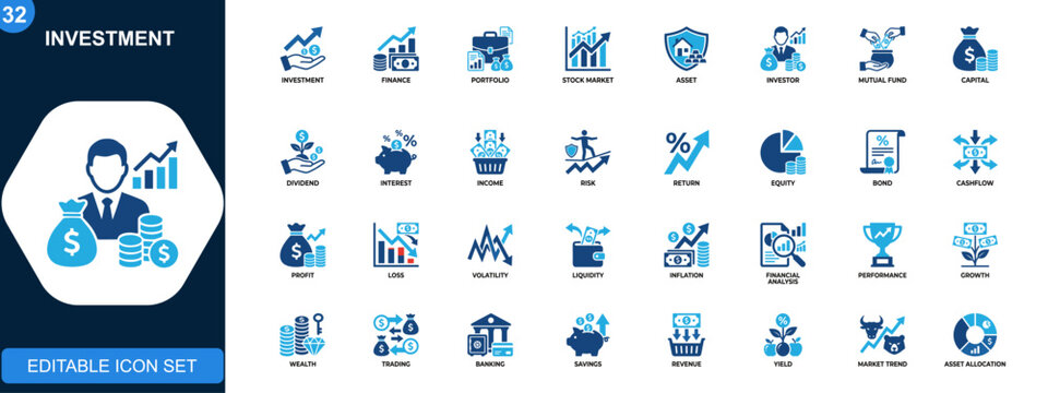 Investment icon set, investor, stock market, mutual fund, portfolio, asset, risk, return, capital, dividend, interest. Solid icons collection. Vector.