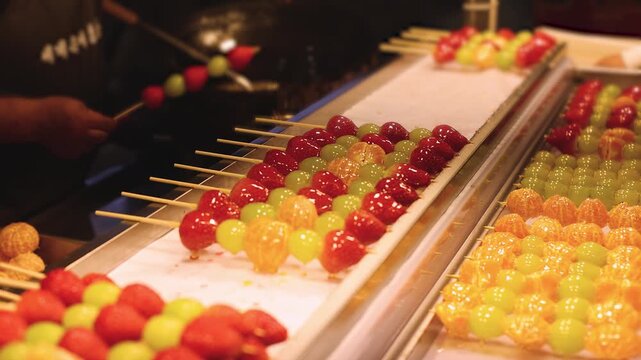 Ddalgi Satang, Fruit Hard Candy on stick skewers, candied strawberry, grape and tangerine in hardened sugar, traditional street food selection, Seoul, South Korea, local tasty dishes on night market 