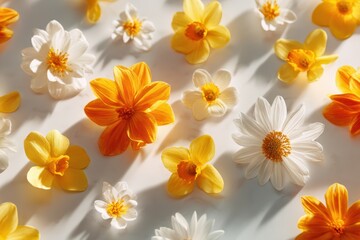 Fototapeta premium Spring flat lay of yellow and white flowers with sunlight