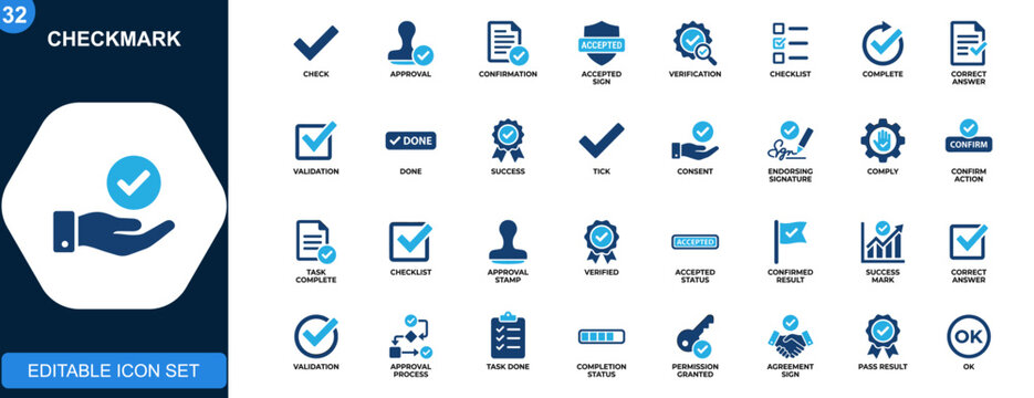 Checkmark icon set, approval, confirmation, acceptance, verification, checklist, completion, validation. Solid editable icons collection. Vector.
