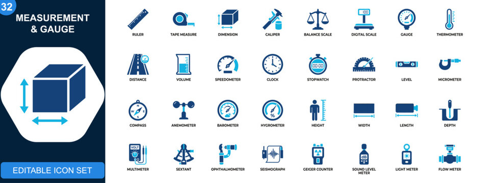 Measurement and gauge icon set, scale, ruler, dimension, temperature, speed, weight, volume, time tools. Solid icons collection. Vector.
