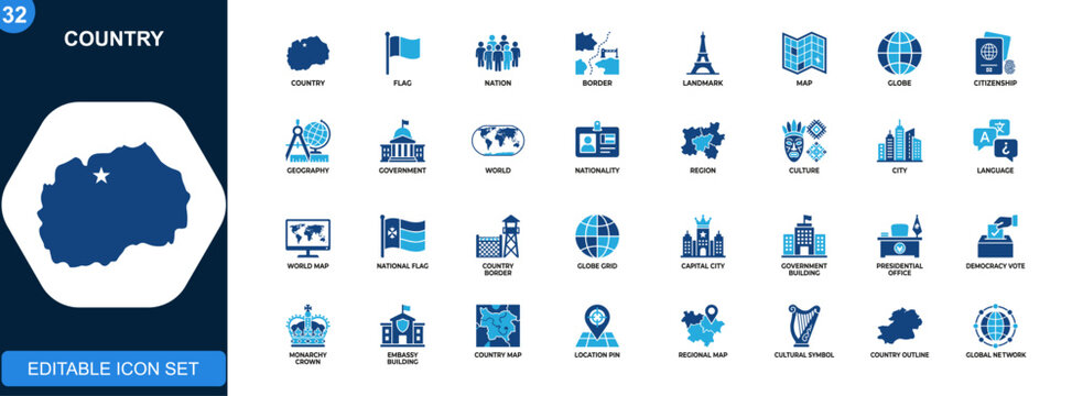 Country icons set, flags, nations, borders, landmarks, citizenship, geography, world map, government systems. Solid icons collection. Vector.