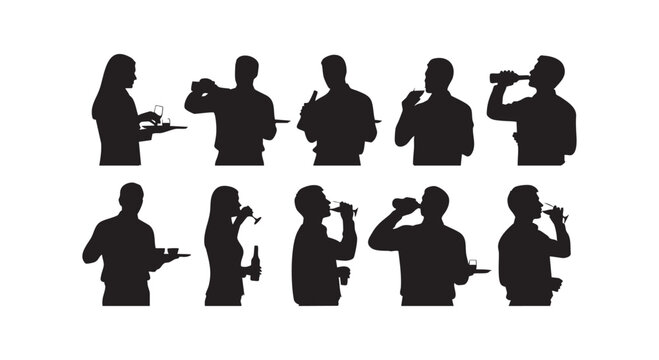 People drinking beverage silhouette set waiters serving drinks at party or event elegant gathering festive celebration.