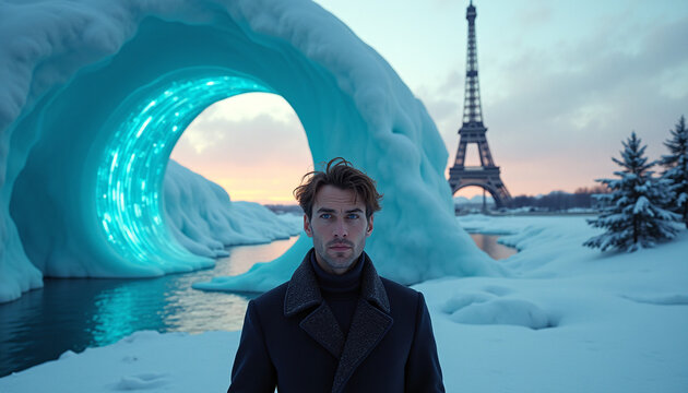 Man in Winter Tunnel Foregrounding the Eiffel Tower at Twilight