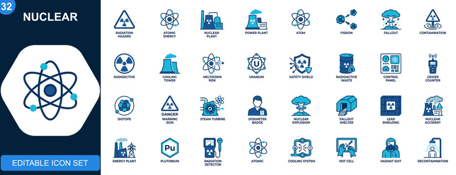 Nuclear icons collection, radiation hazard, reactor, atomic energy, radioactive warning, nuclear plant, explosion, safety. Editable icons collection. Vector.