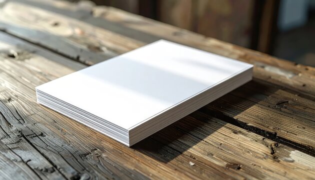 Blank White Book Cover on Rustic Wooden Table Surface.