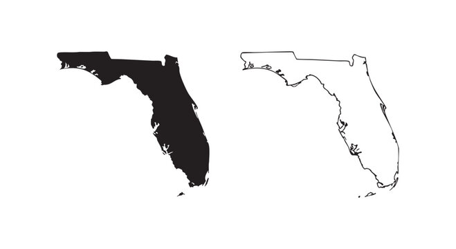 Outline and filled silhouette map of Florida state USA isolated on white background.