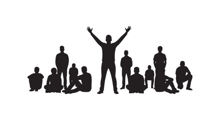 Obraz premium People group silhouettes with man celebrating in the middle, sitting and standing, isolated vector illustration.