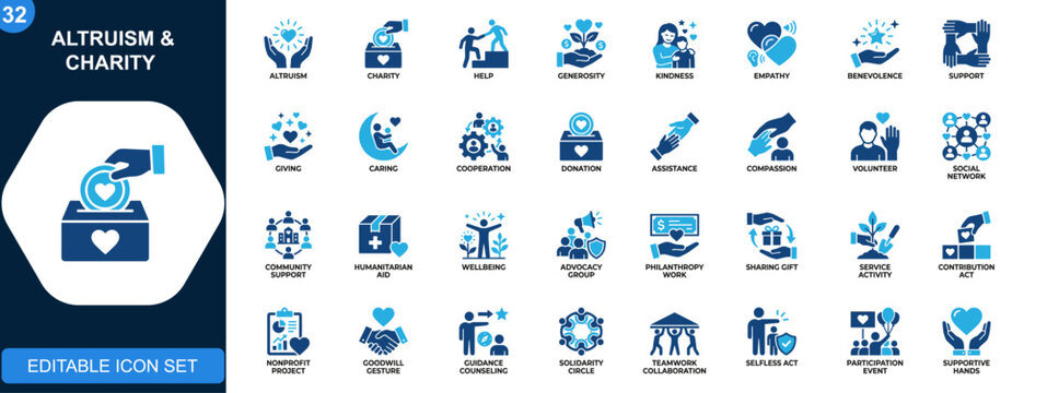 Altruism and Charity Icons. Helping, Generosity, Kindness, Empathy, Benevolence, Support, Giving, Caring, Cooperation. Solid icons collection. Vector.