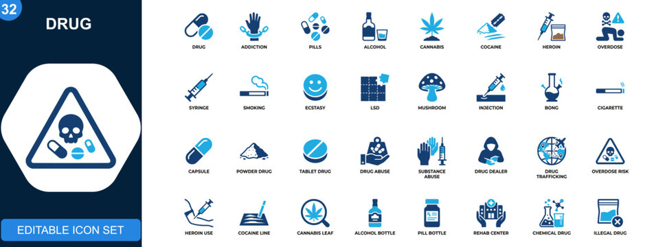 Drug and substance abuse icon set, pills, alcohol, cannabis, cocaine, heroin, overdose, syringe, smoking, addiction, trafficking. Solid icons collection. Vector.
