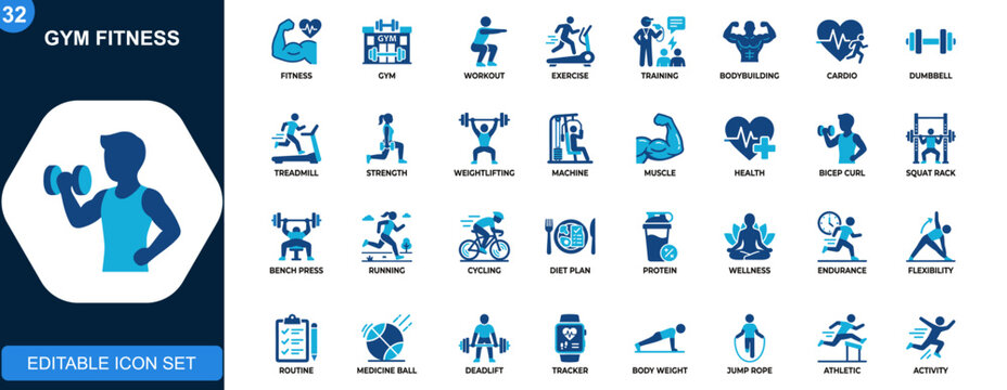 Gym fitness icon set, workout exercise equipment, weight training, bodybuilding, cardio machines, healthy lifestyle. Solid icons collection. Vector.