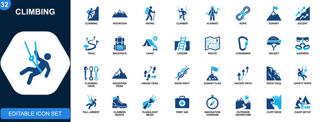 Climbing icons collection, mountain hiking, alpinist, climber, rope, summit, ascent, expedition gear. Solid icons collection. Vector. © JIm Studio