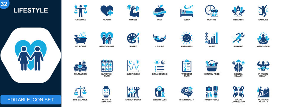 Lifestyle icon set, health, fitness, diet, sleep, routine, self care, relationships, wellness, hobbies, leisure, happiness. Solid icons collection. Vector.