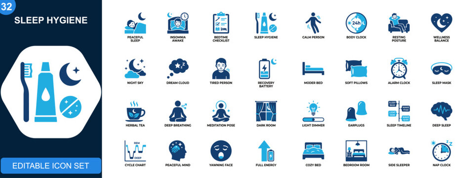 Sleep hygiene and insomnia prevention icon set, bedtime routine, relaxation, circadian rhythm, rest improvement, wellness tips. Minimalist icons collection. Vector.
