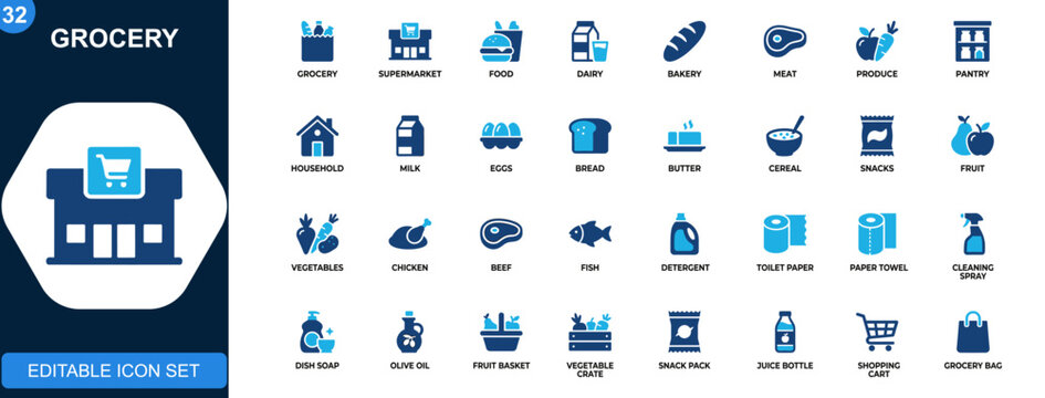 Grocery icon set, supermarket food items, dairy, bakery, meat, pantry, cleaning supplies, household essentials. Solid icons collection. Vector.