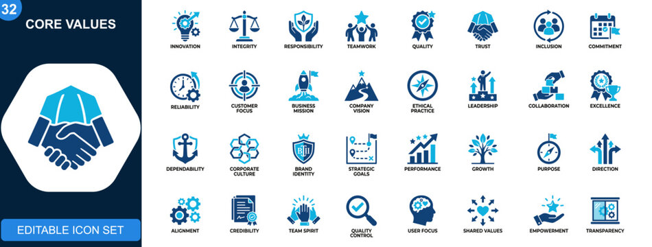 Core values icon set, innovation, integrity, responsibility, teamwork, quality, trust, inclusion, customer focus, business mission and goals. Solid icons collection. Vector.