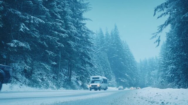 Mountain Road In Snowfall With Passing Vehicles

