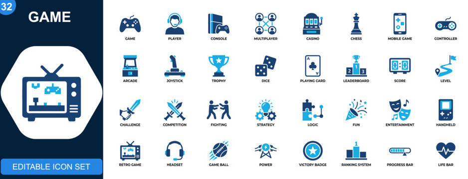 Game icon set, gaming, player, console, multiplayer, casino, chess, mobile, life bar, points, controller, arcade. Solid icons collection. Vector.