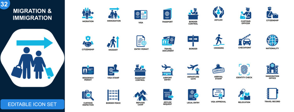 Migration and immigration icon set, visa, passport, border control, refugee, asylum, citizenship, customs officer, travel entry regulations. Solid icons collection. Vector.